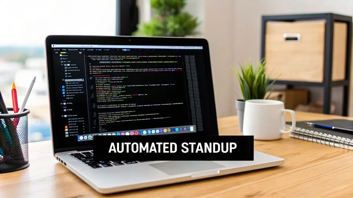 A laptop on a wooden desk showing code, with a banner reading Automated Standup