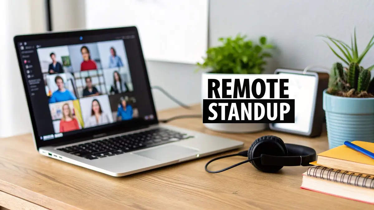 A laptop showing a video call with a remote team and the words Remote Standup