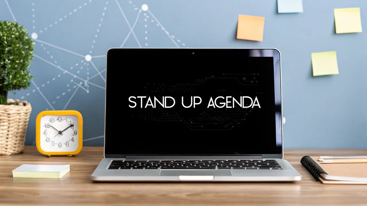 A laptop on a desk showing the words Stand Up Agenda, next to a yellow alarm clock and sticky notes on the wall