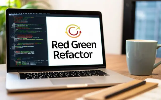 A laptop on a desk showing code and a circular arrow logo above the words Red Green Refactor