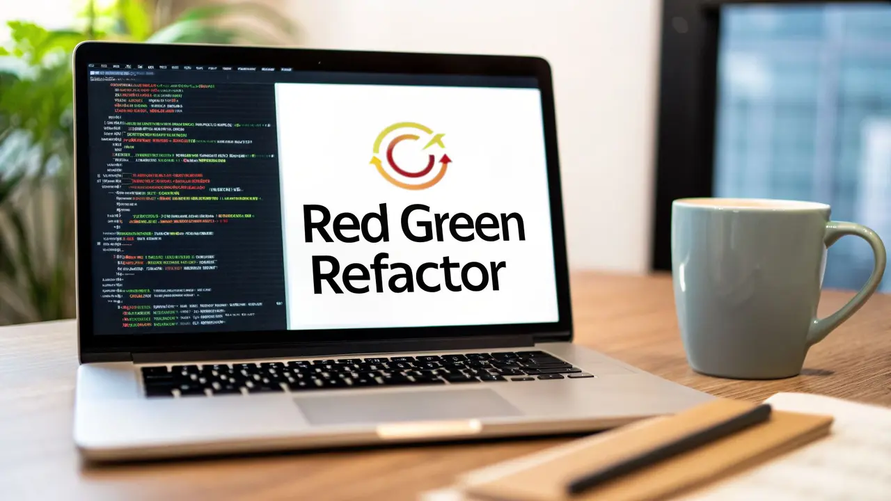 A laptop on a desk showing code and a circular arrow logo above the words Red Green Refactor