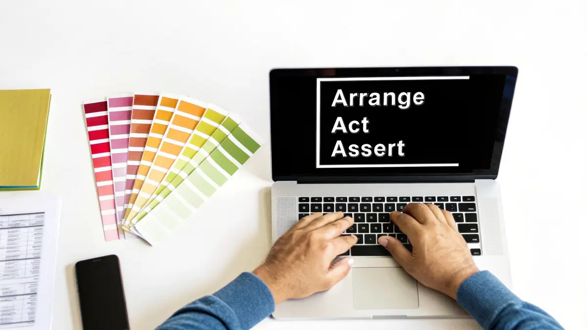 Overhead view of hands typing on a laptop displaying 'Arrange Act Assert' with color swatches.