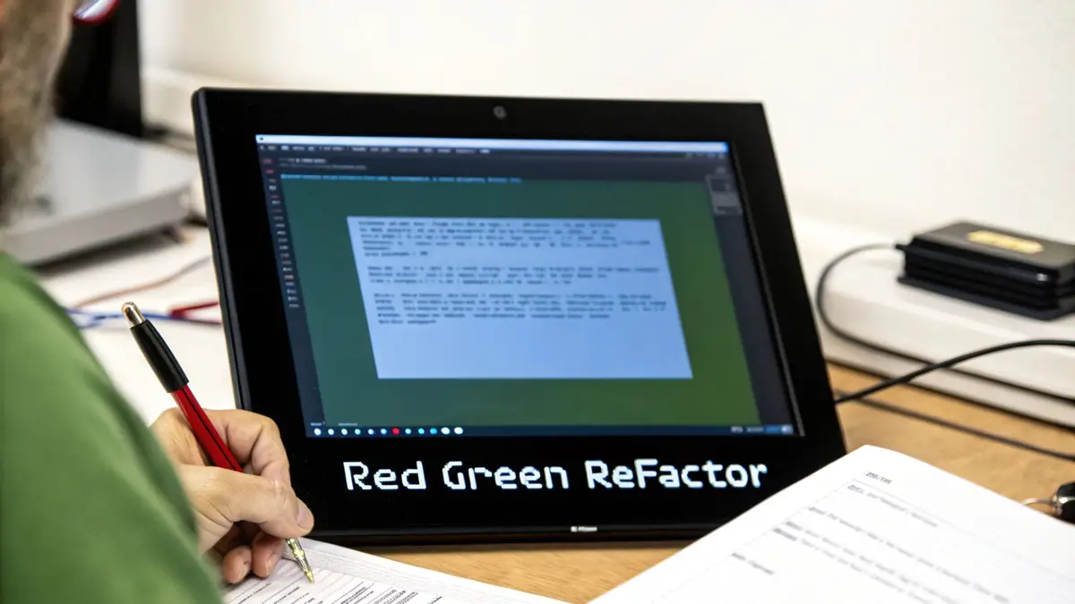 Person's hand writing notes while a screen displays 'Red Green Refactor' and code.