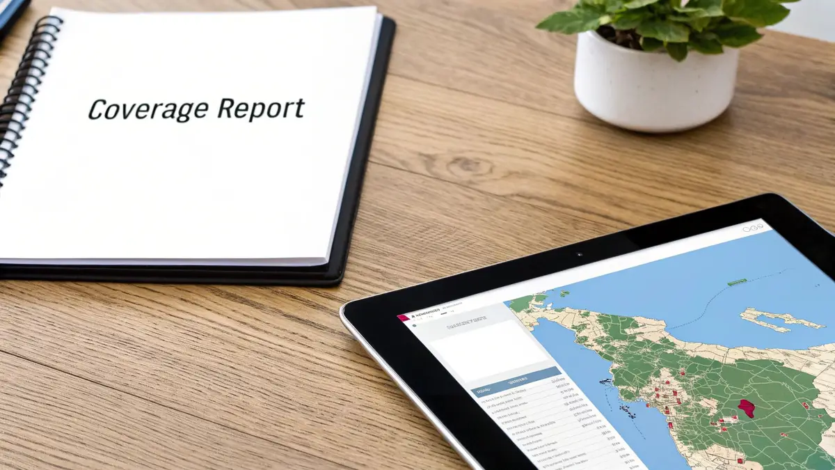 A top-down view of a desk with a 'Coverage Report' notebook and a tablet showing a data-rich map.