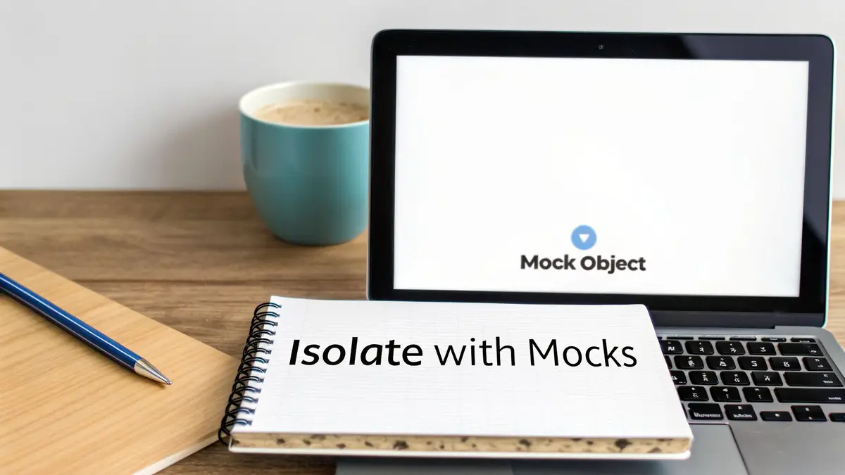 A laptop displaying Mock Object and a notebook reading Isolate with Mocks on a wooden desk with a coffee mug