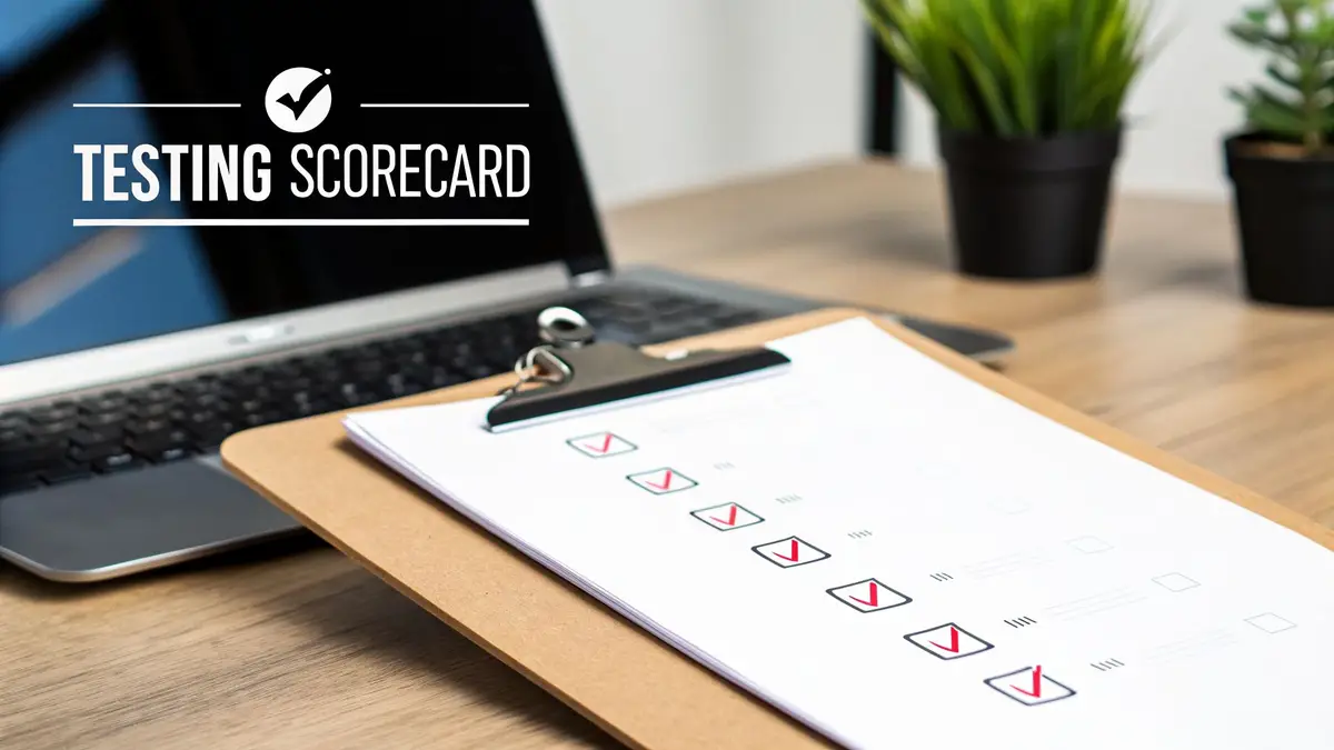 A clipboard with a checklist of red checkmarks next to a laptop, under the words Testing Scorecard
