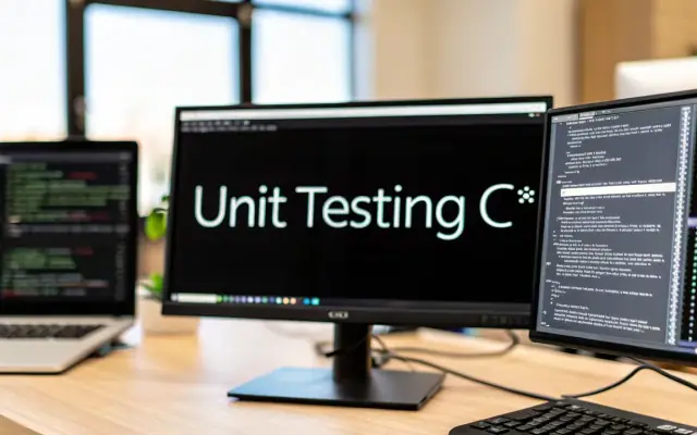 Three screens on a desk showing code, the middle one reading Unit Testing C#