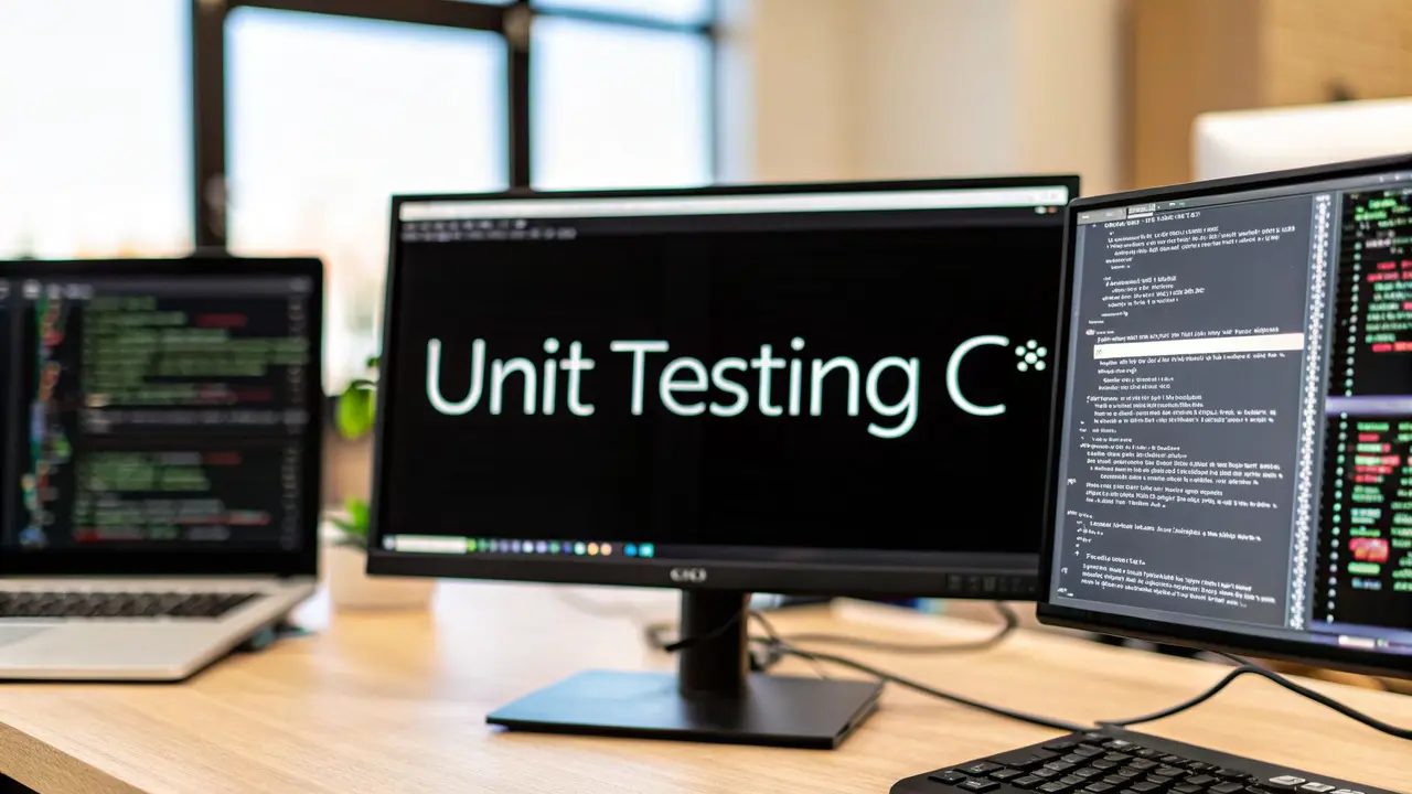 Three screens on a desk showing code, the middle one reading Unit Testing C#