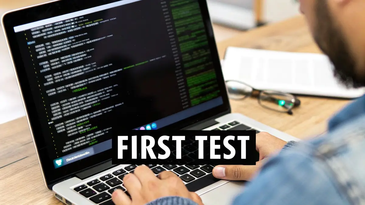 A developer's desk with a laptop displaying Java code and JUnit 5 test results, showing green checkmarks.