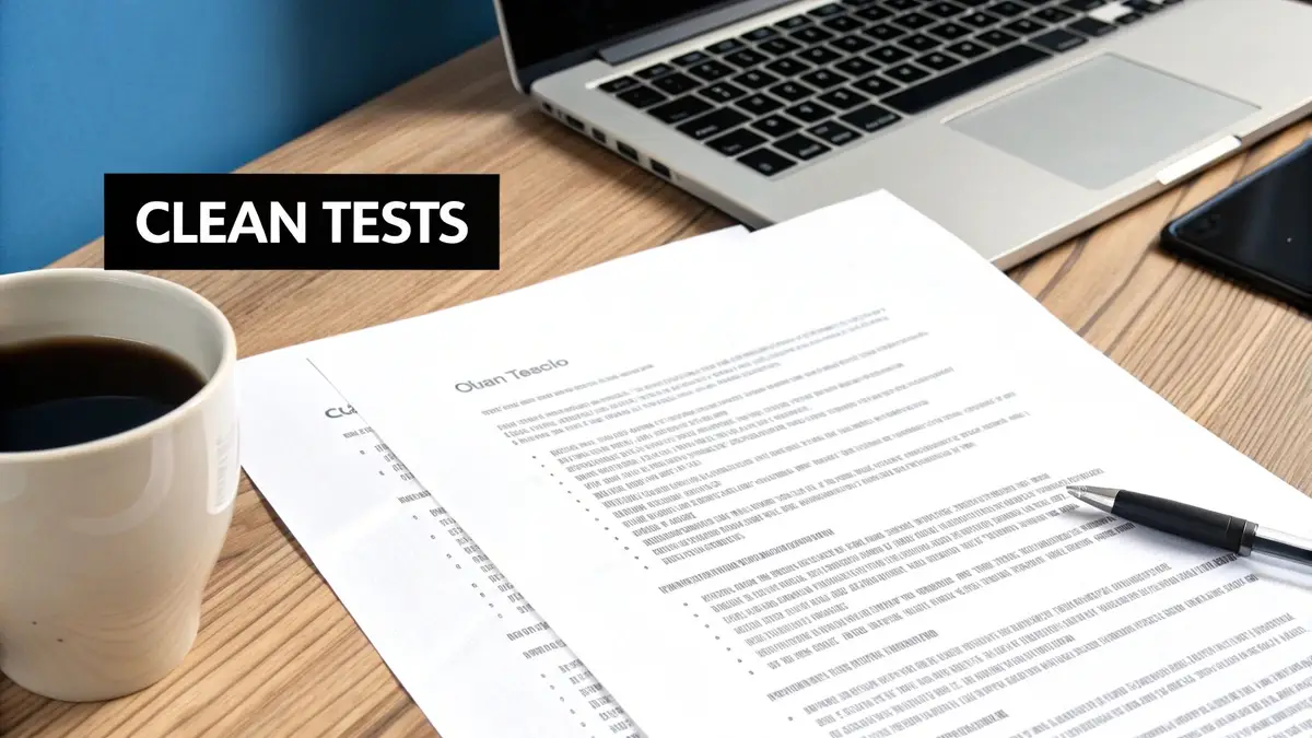 A developer at a clean desk with a checklist on a tablet, symbolizing the best practices for unit testing in Java.