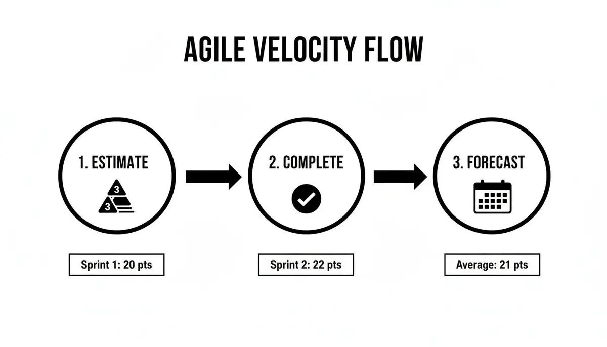 Diagram illustrating agile velocity flow, showing estimation, completion, and forecasting steps with sprint points data.