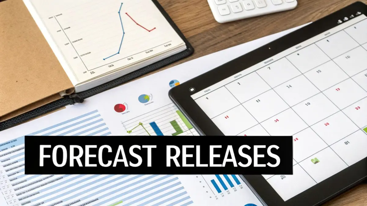A desk setup featuring graphs, charts, a calendar on a tablet, and 'FORECAST RELEASES' text.