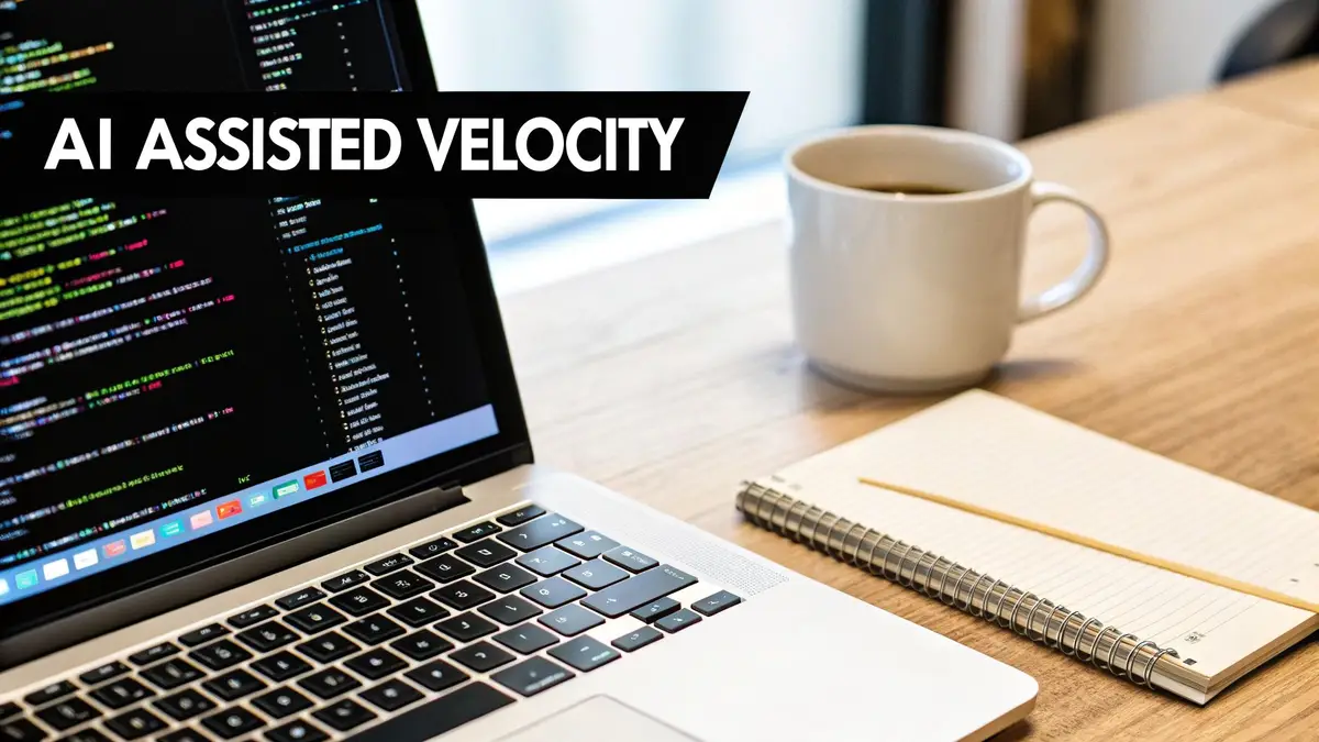 A laptop displaying code on a desk with a coffee mug and notebook. Text reads AI ASSISTED VELOCITY.