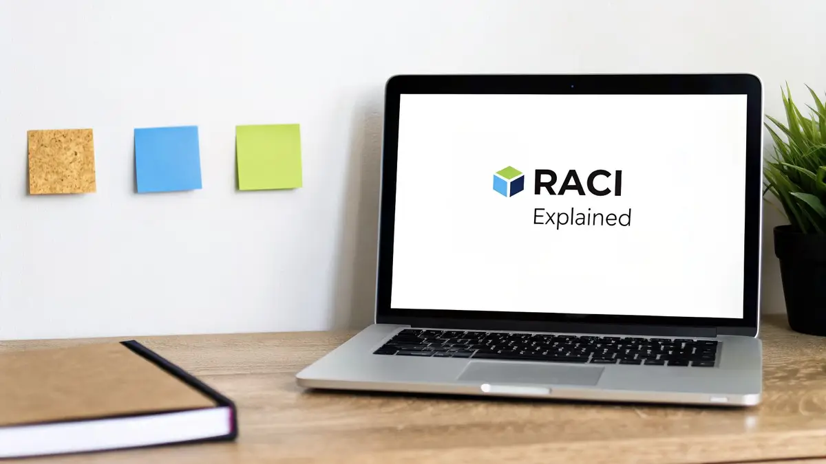 A laptop on a wooden desk displays 'RACI Explained' with a cube logo, next to a notebook. Sticky notes are on the wall.