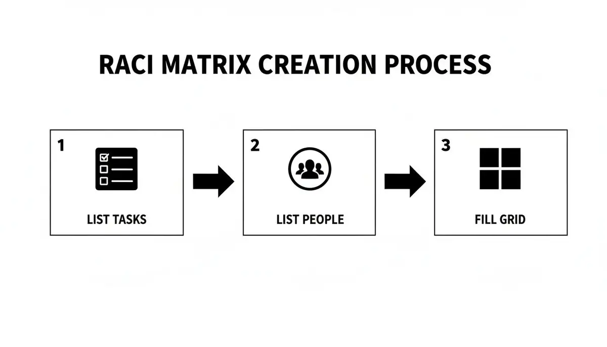 A diagram illustrating the RACI Matrix creation process with three steps: List Tasks, List People, and Fill Grid.