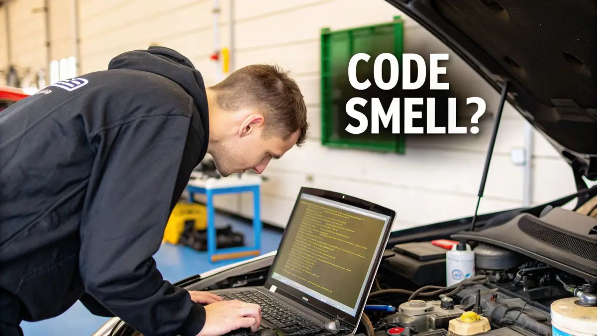 A man uses a laptop to diagnose a car engine, with 'CODE SMELL?' text overlayed.