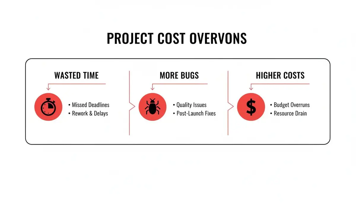 An infographic detailing project cost overruns, showing causes like wasted time, more bugs, and higher costs.