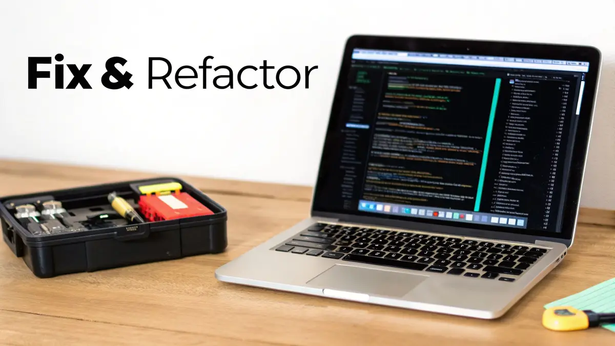A silver laptop displaying code, a black toolbox, and 'Fix & Refactor' text on a wooden desk.