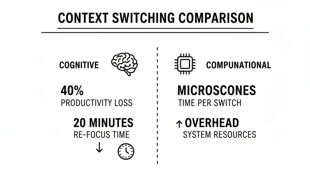 A comparison graphic showing cognitive context switching with 40% productivity loss and 20 minutes refocus time, versus computational context switching with microseconds per switch and increased system resource overhead.