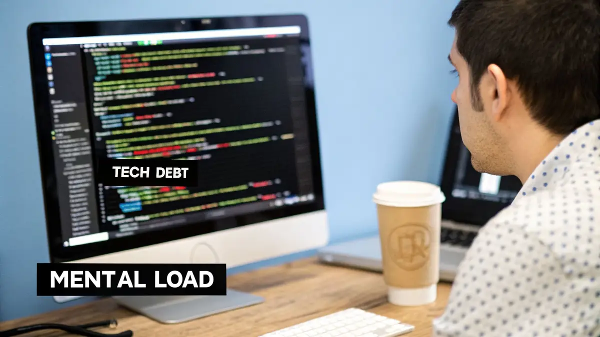 A developer intently coding on a computer screen, with 'TECH DEBT' and 'MENTAL LOAD' captions.