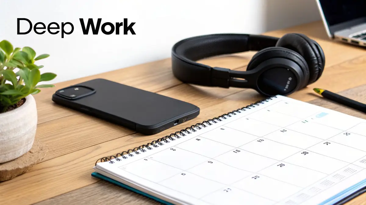 Modern workspace with a smartphone, black headphones, a calendar, and a plant for focused work.