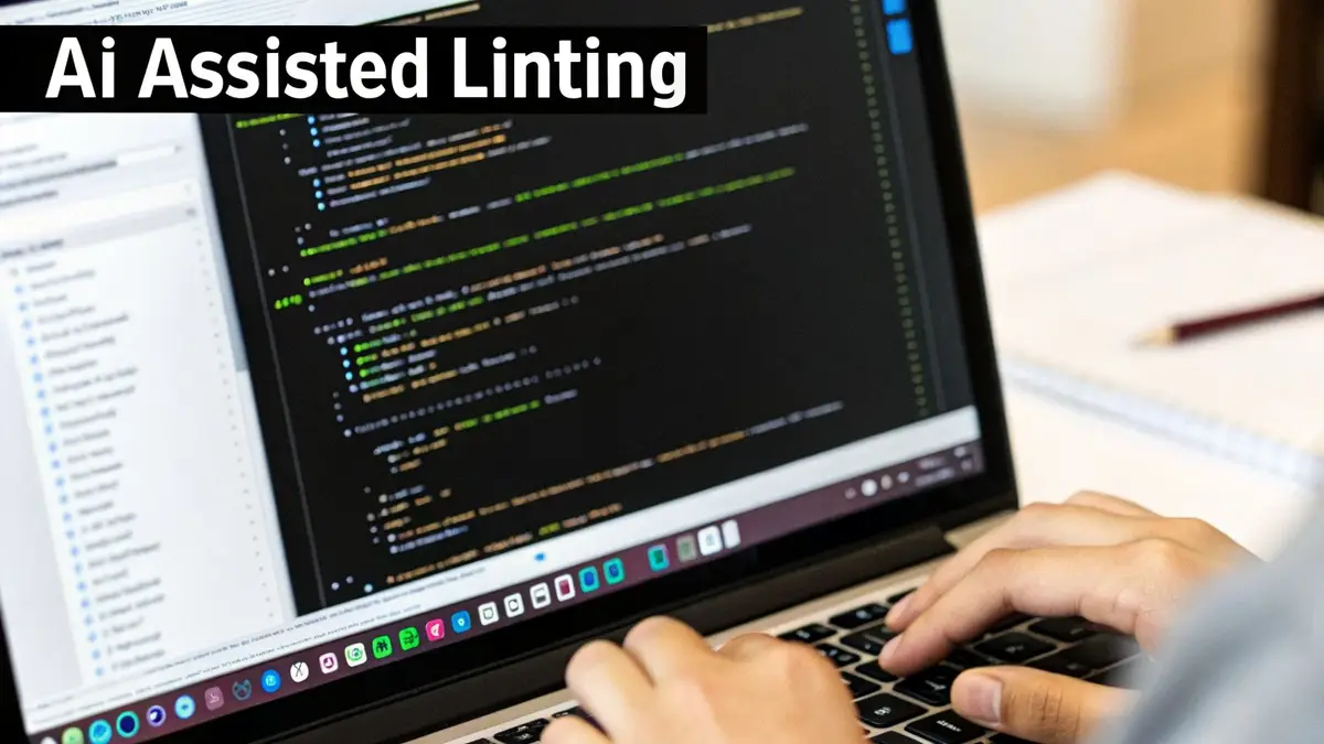 Hands typing on a laptop displaying code with 'Ai Assisted Linting' text, suggesting programming work.